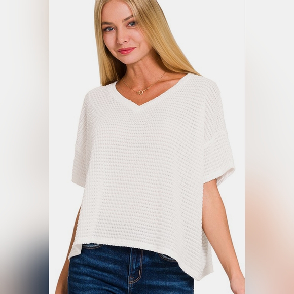Zenana Drop Shoulder Short Sleeve Jacquard Knit Top - Picture 1 of 4